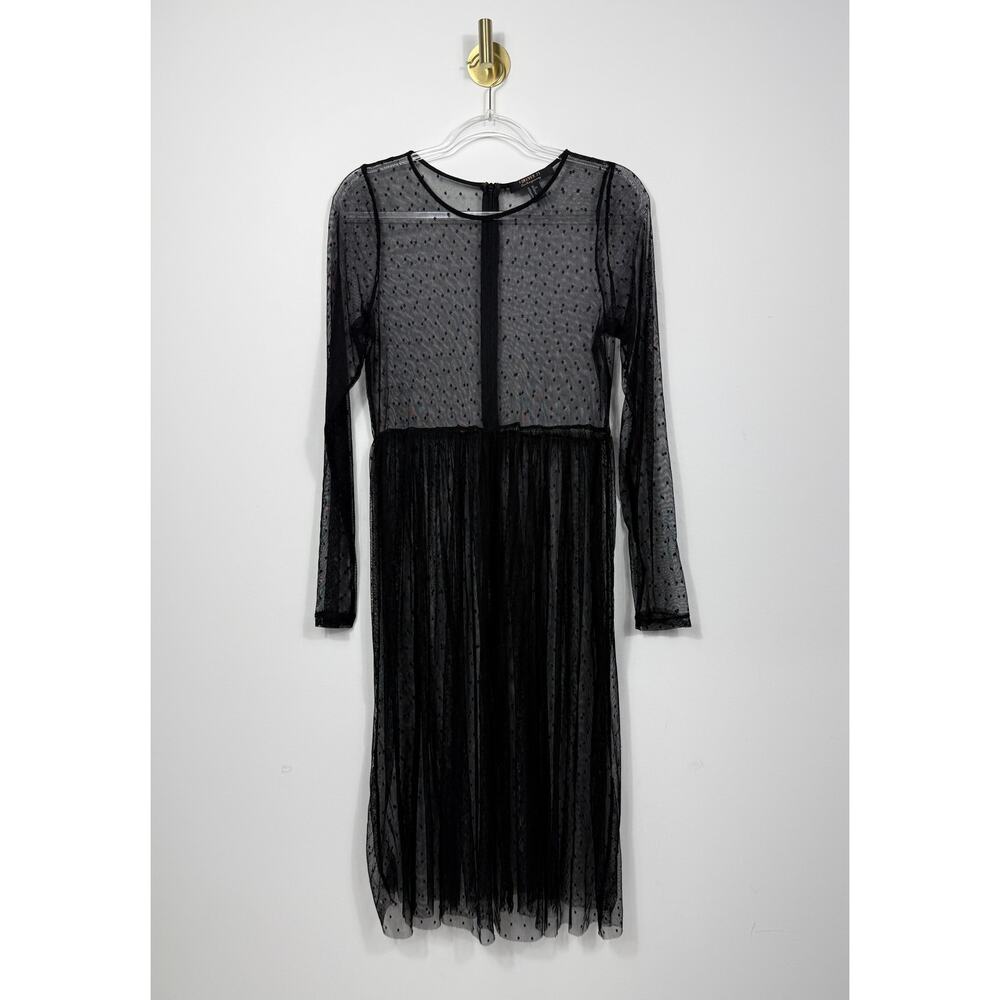 Forever 21 black sheer mesh dress Sz XL (junior) long sleeves black polka-dot - Picture 4 of 8